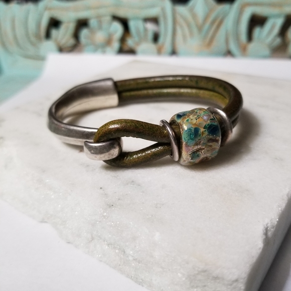 Silver Metal & Olive Leather Cord Bracelet With Bead Accent - Picture 6 of 7